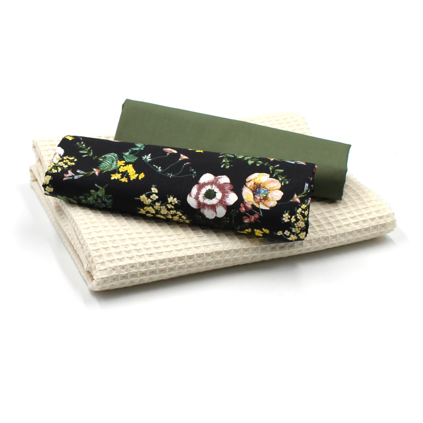 VmG-Store Waffle Pique + Cotton Fabric Set, Colour-Coordinated Waffle Fabric, 100% Cotton Fabric, Tex Standard 100 (Naturalistic Flowers Set62)