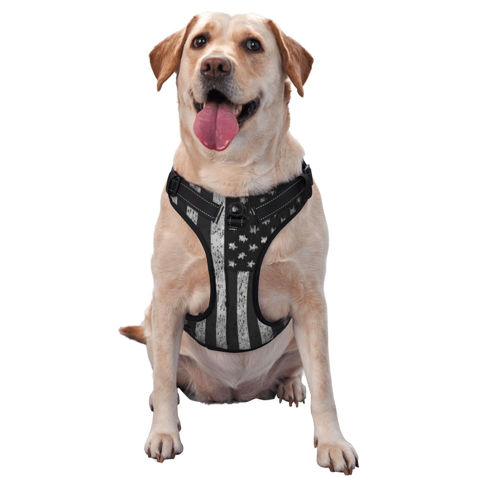 Soft Vintage Retro American Flag Black Breathable Dog Harness Double Fashion Vest with Adjustable Neck and Chest — image 1