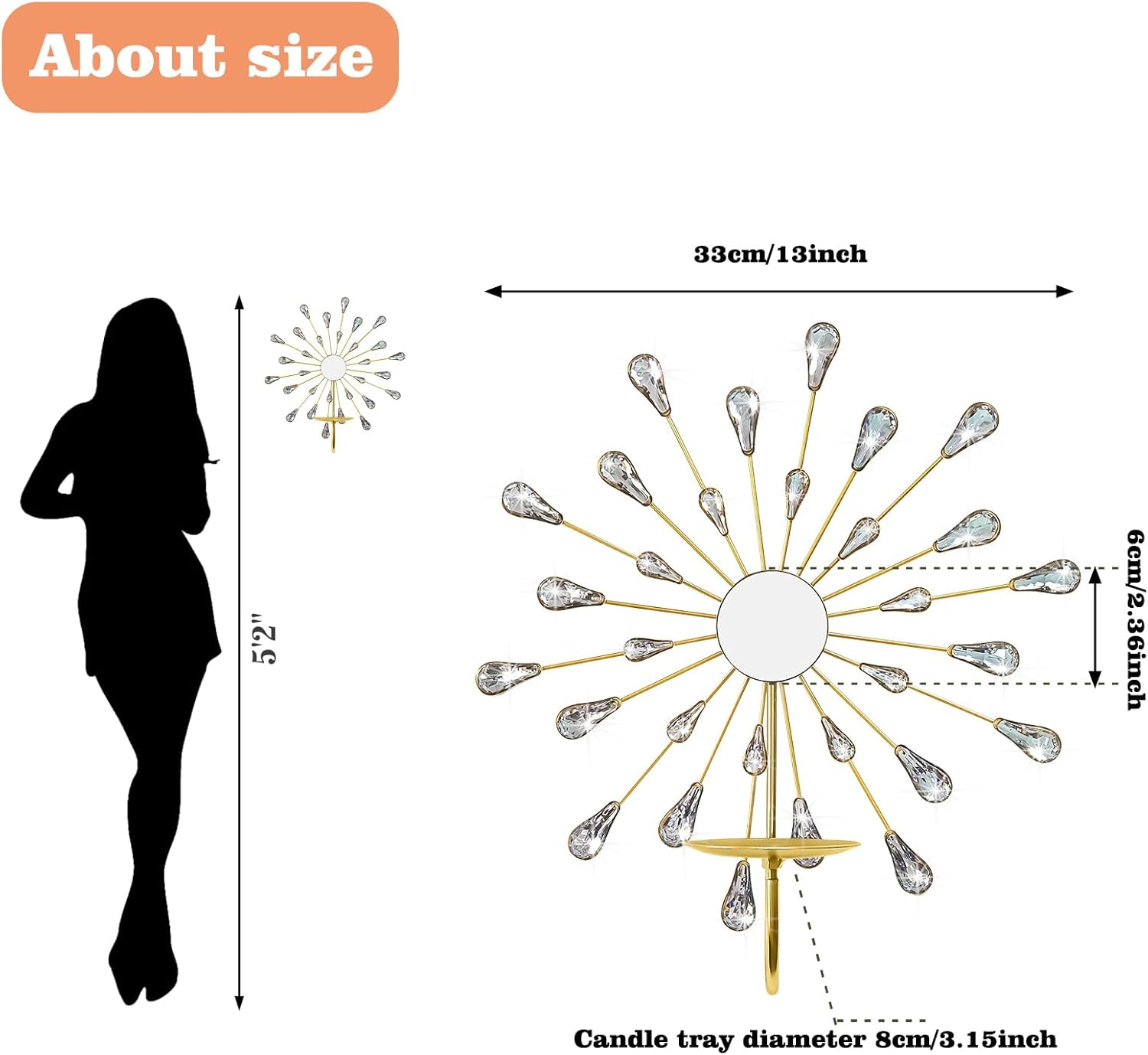 Crystal Rhinestone Wall Candle Sconces Set of 2 Bling Diamond Metal Sunburst Candle Holders Iron Decorative Wall Mounted Holders for Living Room Bedroom Bathroom Gold