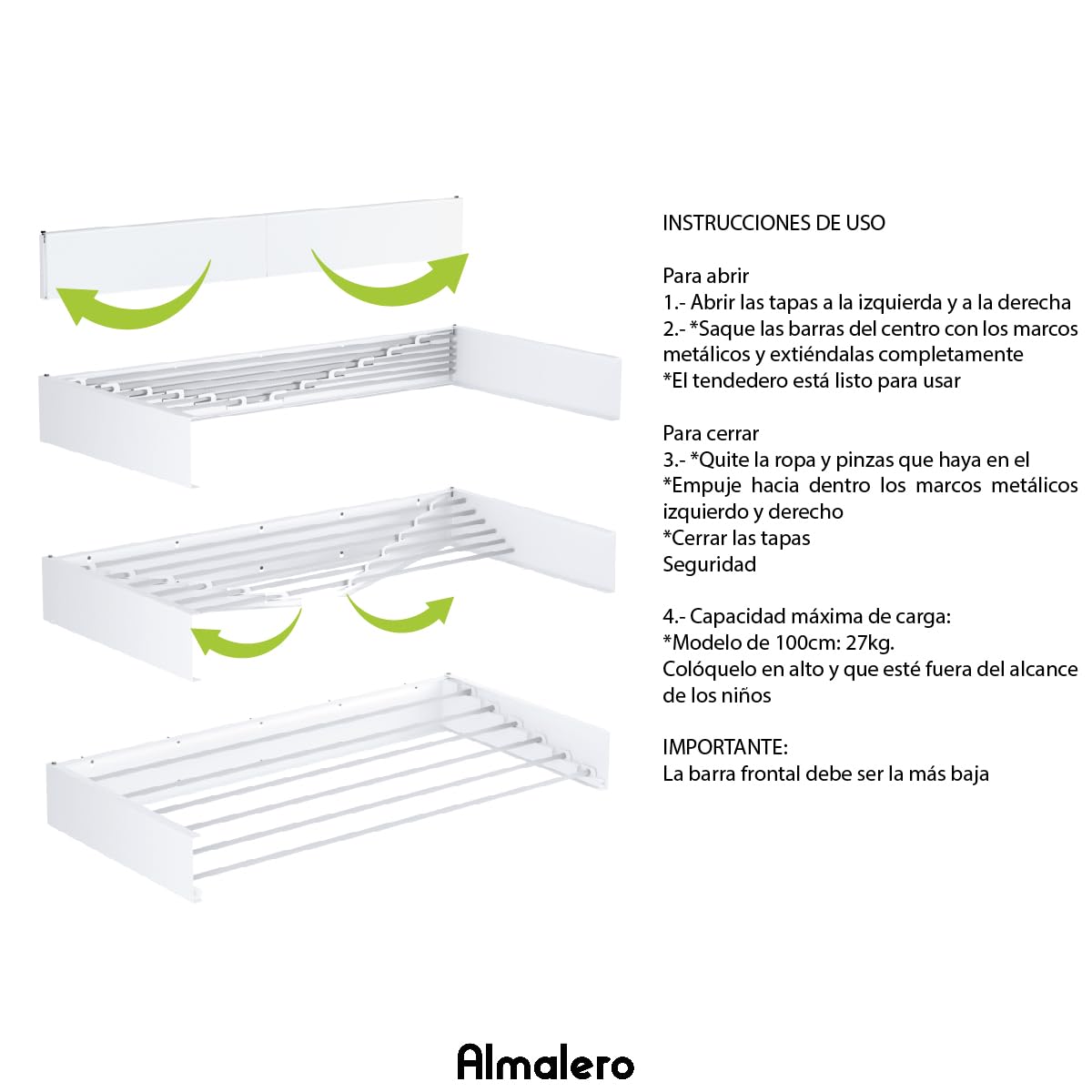 Tendedero Plegable de Pared - ANTIOXIDANTES- Tendedero - Tentedero Pared - Exterior e Interior - Tendederos Plegables - Calidad - 6 Barras - Carga Total 27 Kg - Blanco 100 Cm
