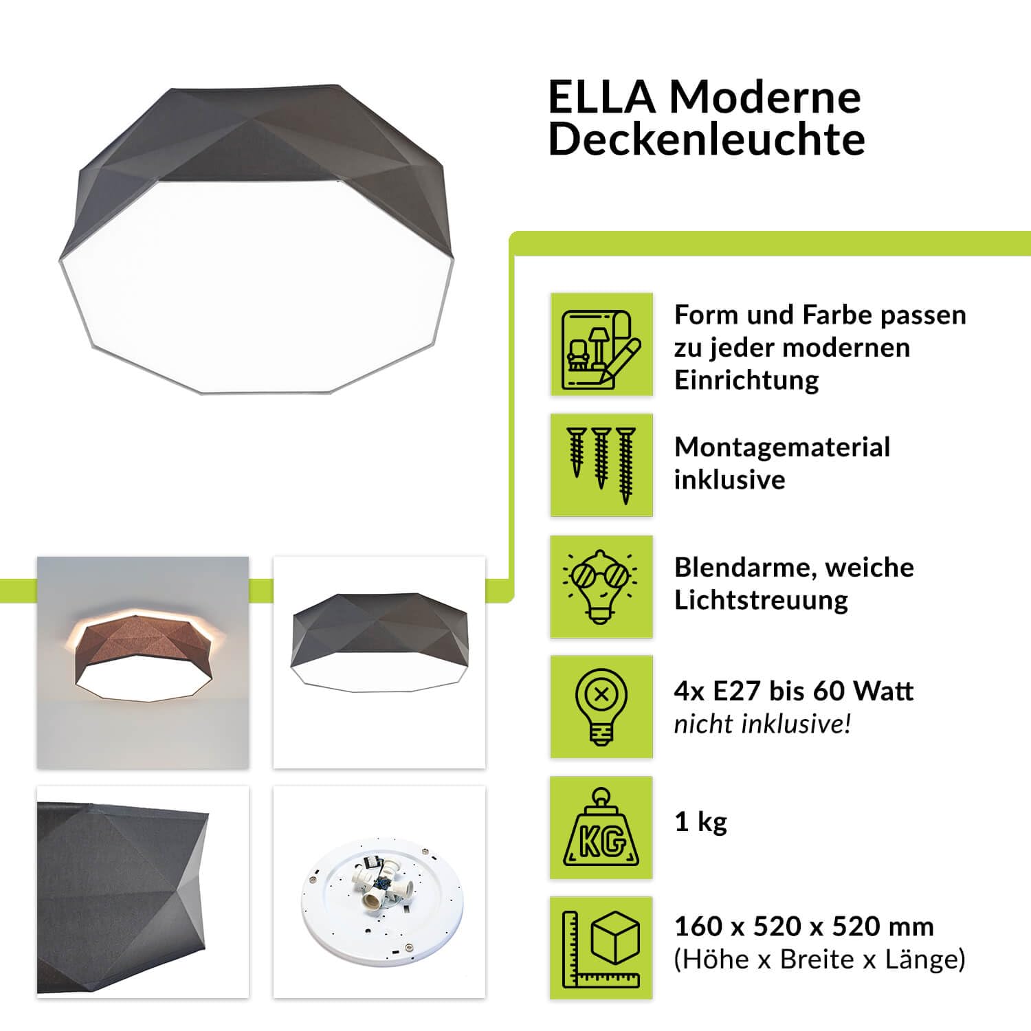 XL Deckenleuchte KANTO eckig in grau 4-flammig 52x52cm 4x E27 blendfreies Licht modern für Wohnzimmer Schlafzimmer Deckenlampe