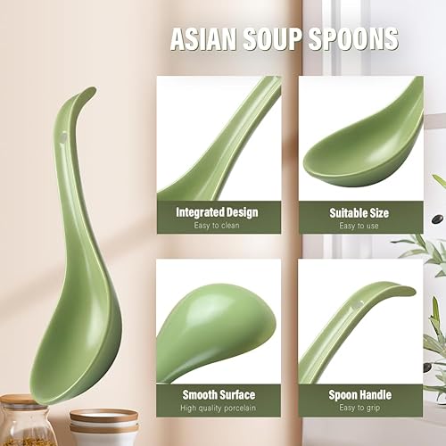 Miniatura 5 de YFWOOD - Cucharas de sopa asiáticas  Cuchara de cerámica para ramen de 6.75 pulgadas, cucharas de sopa chinas verdes, con diseño de gancho ovalado
