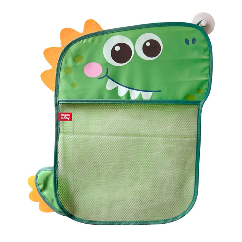NEXTAKEBaby Bath Toy Organizer, Lovely Cartoon 2 Sided Mesh Hanging Bathtub Toy Holder Quick Dry Mesh Storage Box Large Capacity Tub Toy Storage Bag with 2 Strong Suction Cup Hooks (Dinosaur)