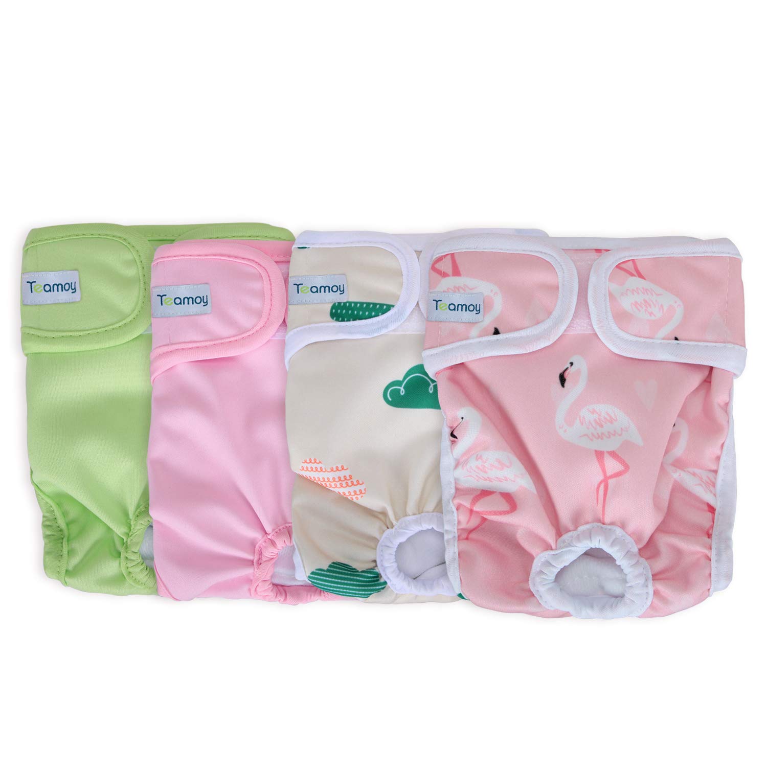 Teamoy 4 Pack Female Dog Nappies, Reusable & Washable Puppies Diaper Nappies, Adjustable Super Absorbent Sanitary Wraps Panties for Small Animals (S,Pink +Green +Cloud +Flamingo)