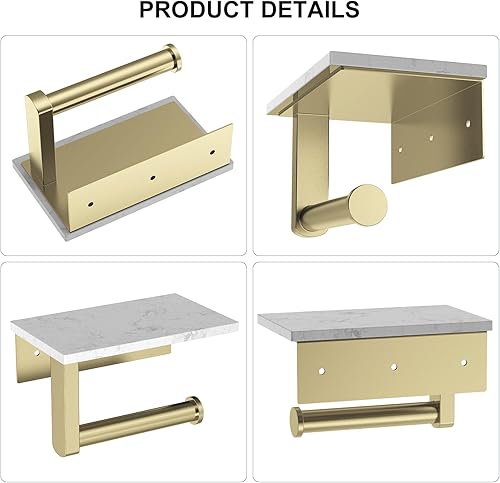 Miniatura 8 de Soporte de papel higiénico con estante de mármol, soporte de mano de papel higiénico de acero inoxidable 304, soporte para rollo de papel higiénico