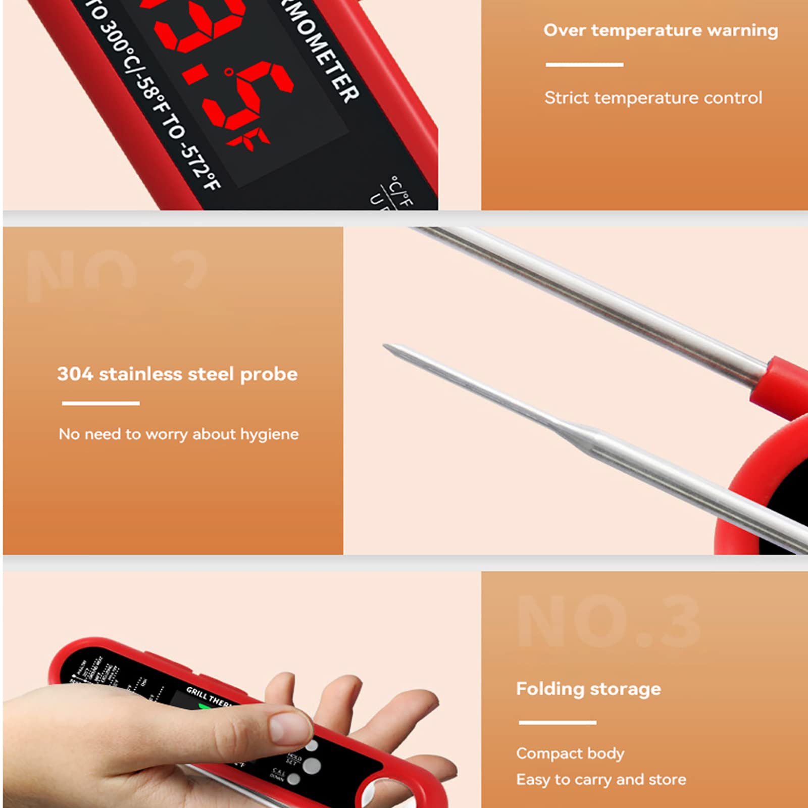 Fleischthermometer, sofort ablesbares Fleischthermometer mit Alarm- und Kalibrierungsfunktion, faltbares Grillthermometer mit Zwei Sonden, schnell genau, für Küche, Grillen im Freien