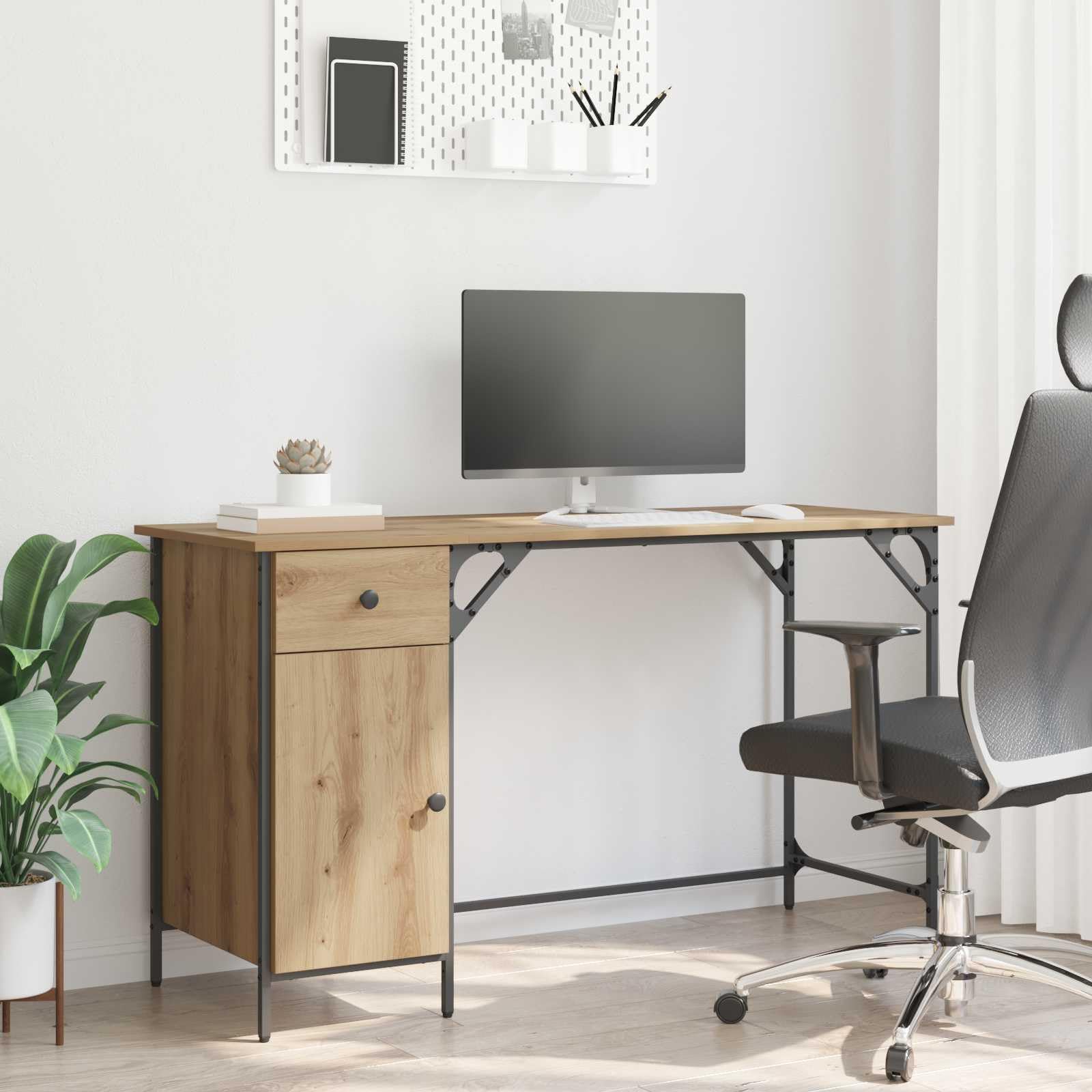 Scrivania per computer in rovere Artisan, 131 x 48 x 75 cm, in legno con cassetto, vano portaoggetti, per casa, ufficio, gaming, postazione di lavoro, ergonomica e salvaspazio