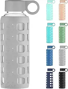 purifyou 40oz / 32oz / 22oz / 12oz Borosilicate Glass Water Bottle with Time & Volume Markers, Silicone Sleeve, Stainless Steel Lid | Reusable Glass Bottle for Water & Juice (12oz Pastel Gray)