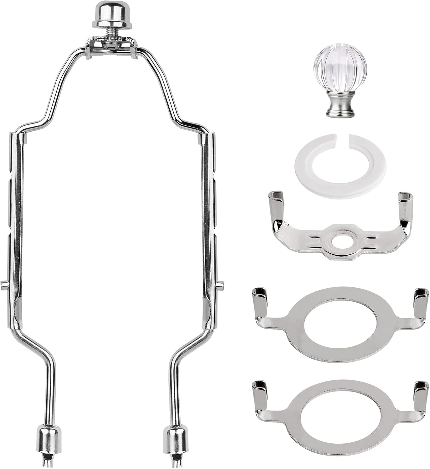 WEAVERBIRD Lamp Shade Harp Bracket 8 9 10 inch Adjustable Lamp Harp Kit with 3/8 Standard Saddle,E14 E26 E27 Light Base UNO Fitter Adapter Converter Finial Set and Crystal Lamp Finial Knob, Silver