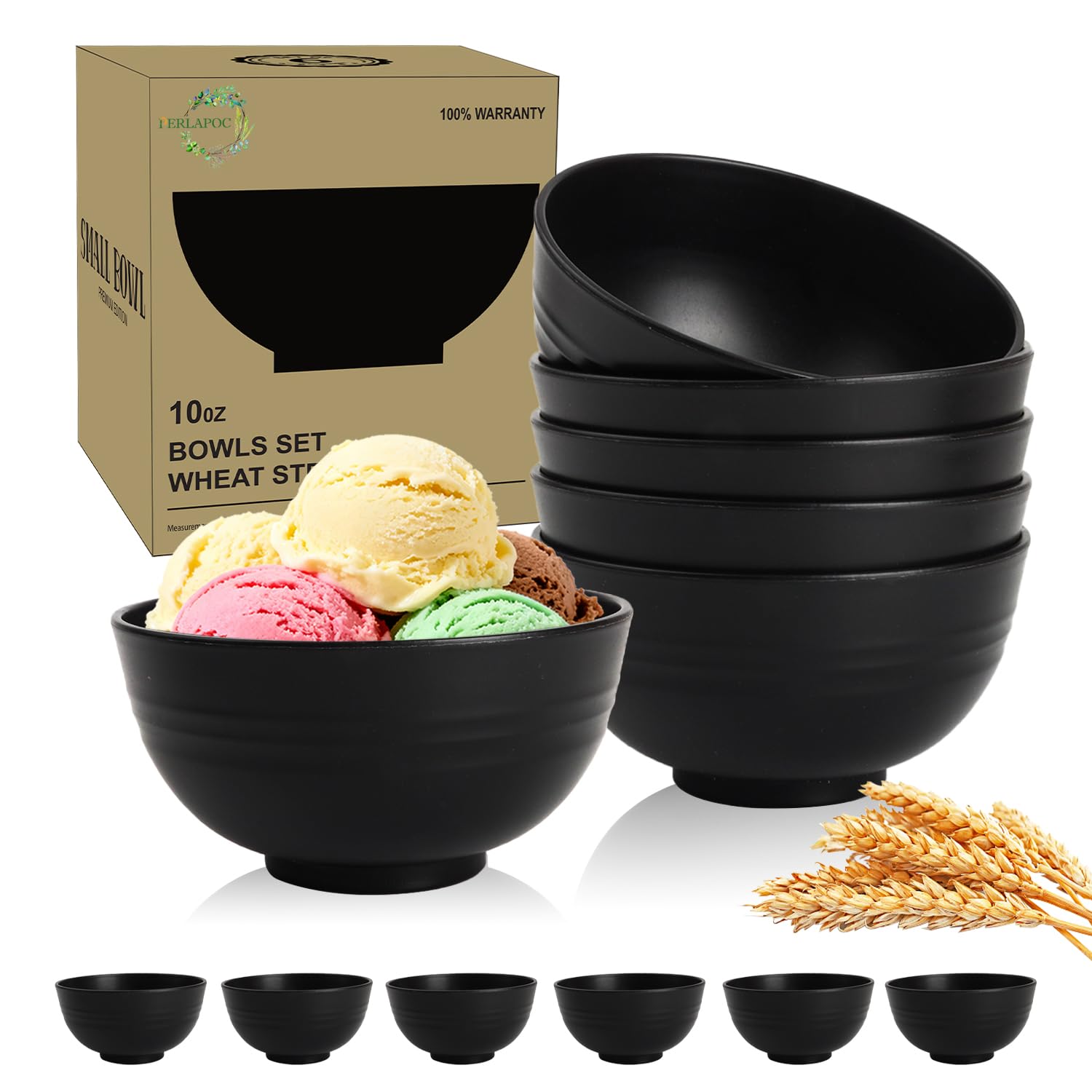 Wheat Straw Small Bowls Set of 6, Unbreakable 10 OZ Mini Dessert Bowls, Snack Bowl for Kitchen, Picnic, Microwave &amp; Dishwasher Safe Bowl Set for Ice Cream, Fruits, Appetizer, Black
