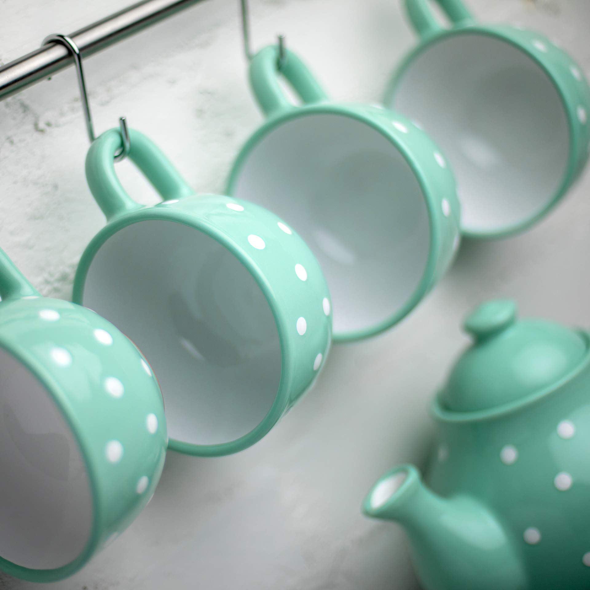 City to Cottage® Tazza Extra-Large 500 ml per Zuppa, Cappuccino, Caffè Americano e Tè - Fantasia a Pois Verde Acqua e Bianco