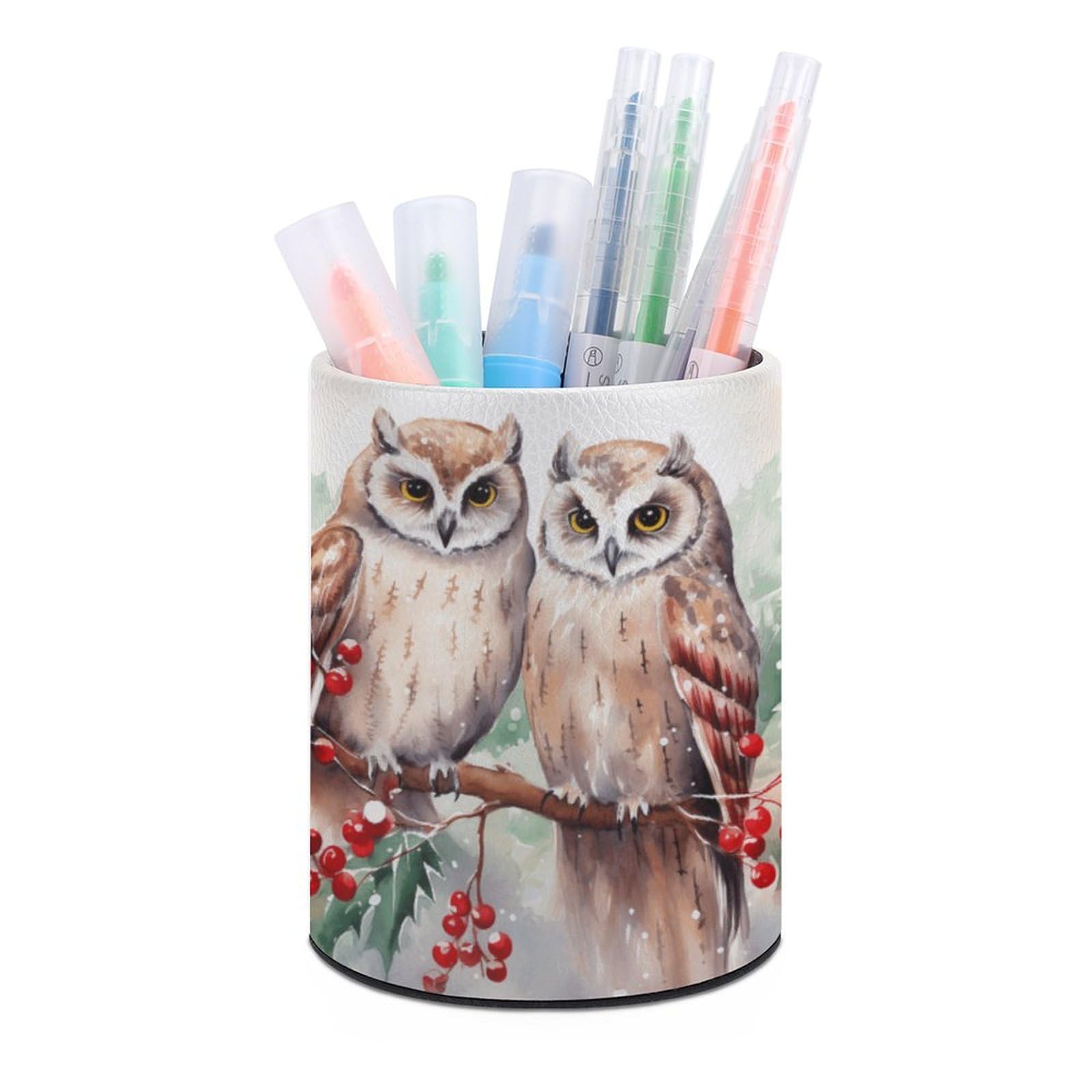 JTREHY Round Pen Holder,Two Owls on The Tree Printed Makeup Brush Storage Box for Home Office Dressing Table
