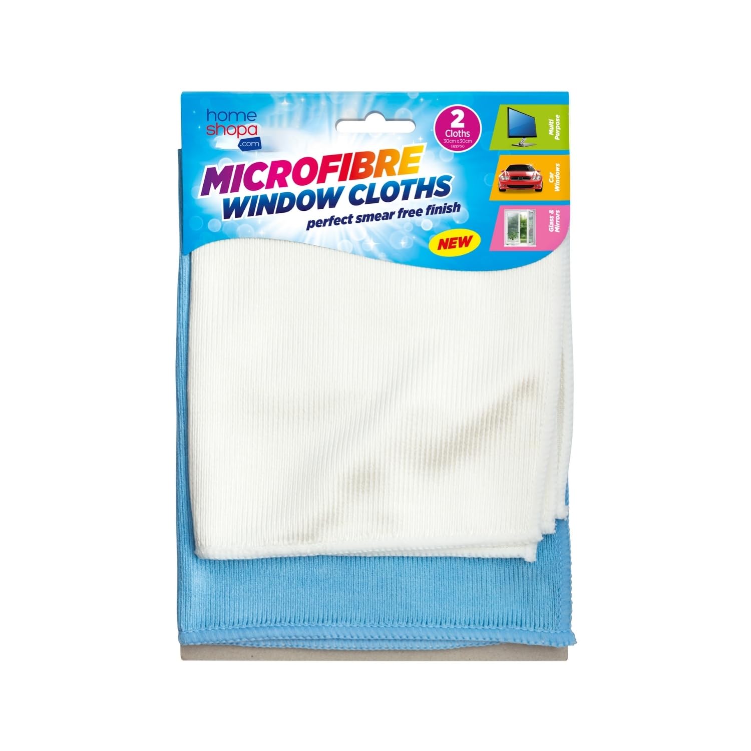 Homeshopa.com Blue And White Homeshopa Microfiber Window Cleaning Cloth, 2 Pack Lint Free, Streak Free, Washable & Reusable, Multipurpose Cleaning Cloth For Car Windscreen, Mirrors, Tv Screens 30X35cm Approx
