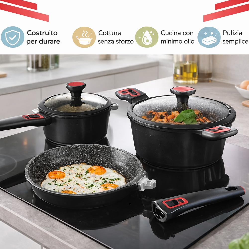 BAKAJI Batteria di Pentole 24 Pezzi Modello Rubino con Manici Removibili in Alluminio Pressofuso Antiaderente, Casseruola e Padella con Manico Amovibile, Coperchi e Mestoli Accessori (Nero)