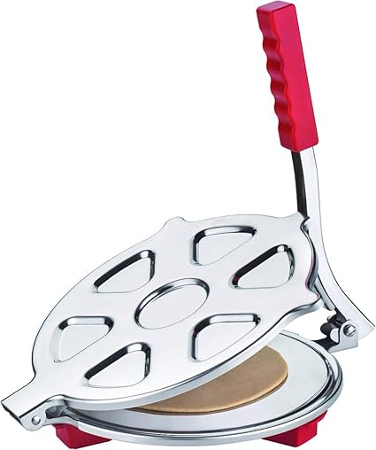 BHISHMA ENTERPRISE Heavy Quality Stainless Steel 7.5 inch .Puri Maker Press Machine with Handle, Manual Stainless Steel Roti Press, PapadKhakhraChapati Maker (Red)