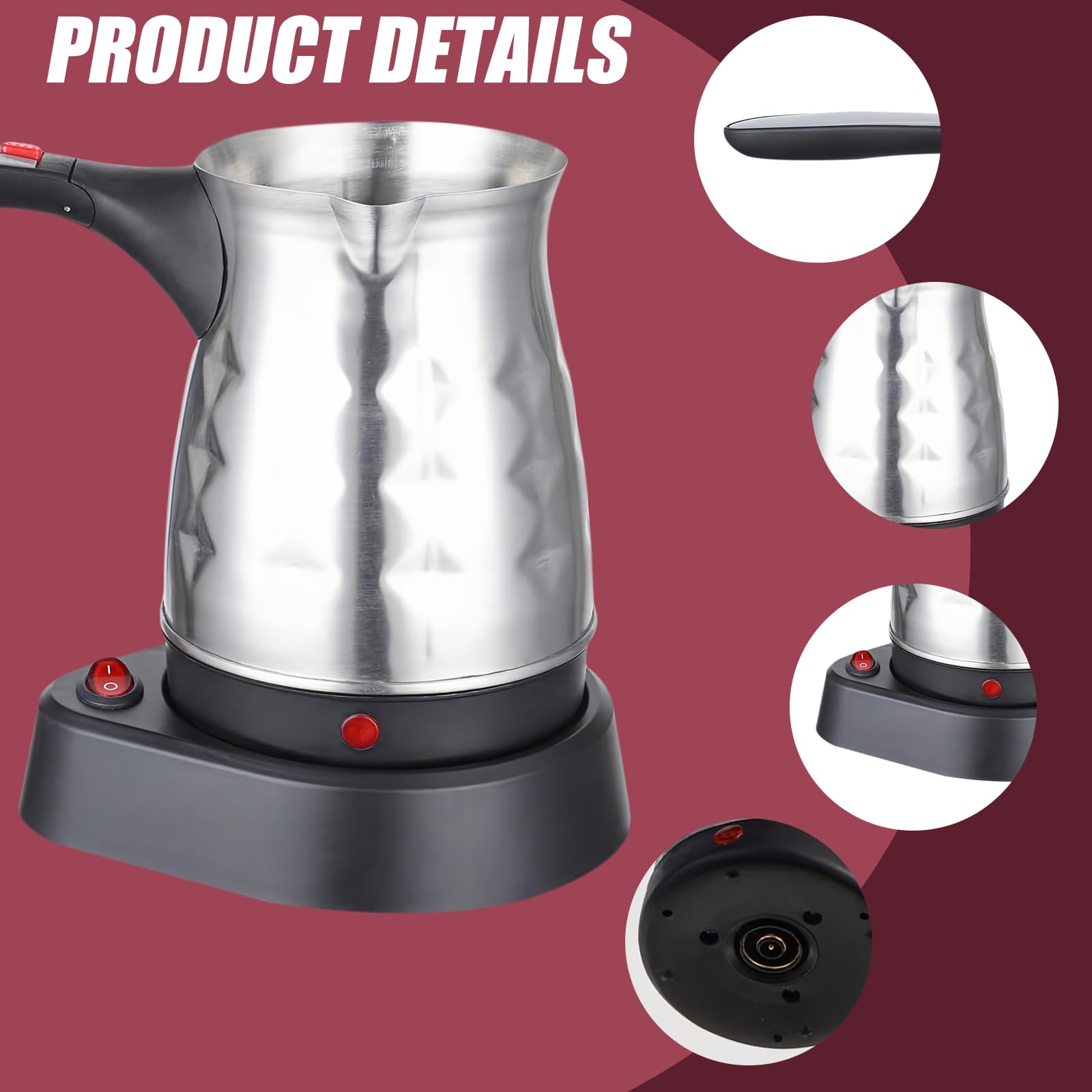 Elektrische Türkische Kaffeemaschine, 500ML Edelstahl Turkischer Kaffeekocher mit Faltbar Handgriff, Türkischer Mokkakocher, für Familie, Büro - 600W - Silber