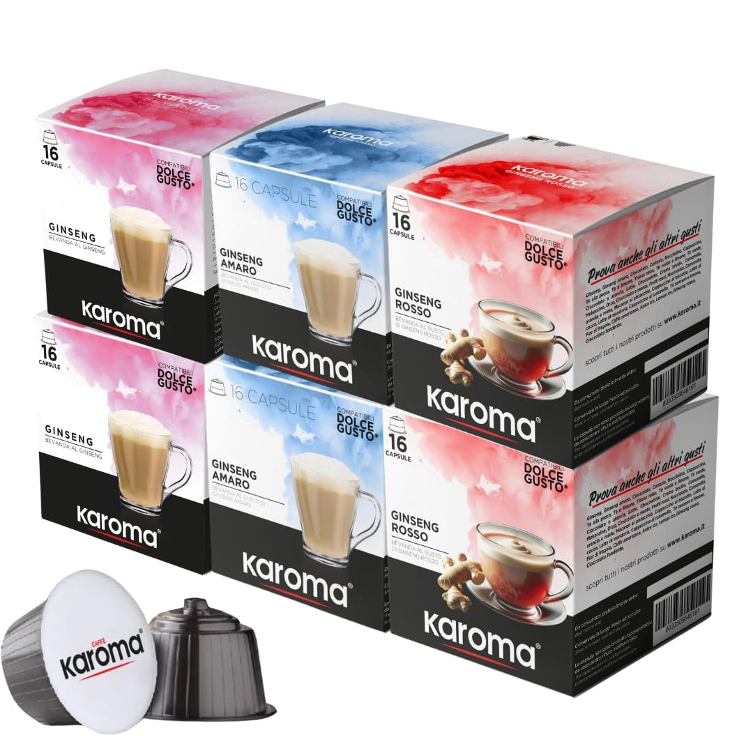 Karoma capsule compatibili con Nescafè Dolce Gusto Mix 96 Capsule Ginseng Classico, Amaro e Rosso