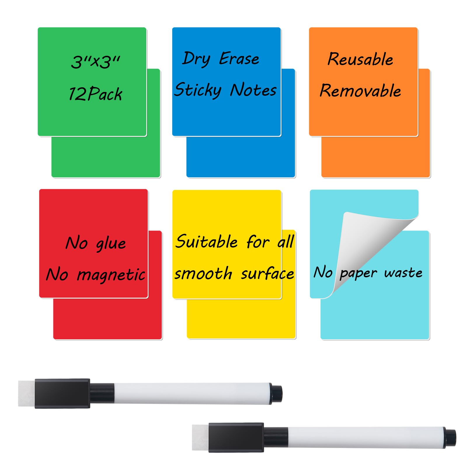 Reusable Dry Erase Sticky Notes, Dry Erase Stickers Labels, 12 PCS 3"x3" Removable Whiteboard Stickers for Storage Bins, Waterproof Name Tags for All