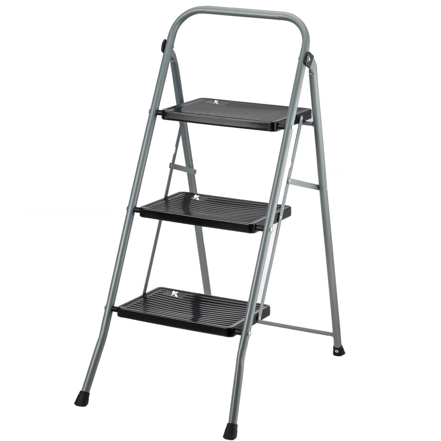 Escalera Plegable, Gris Oscuro – Metal Reforzado, Peldaño Extra Ancho, Apoyabrazos, 150 kg (Negro, 3 Peldaños)