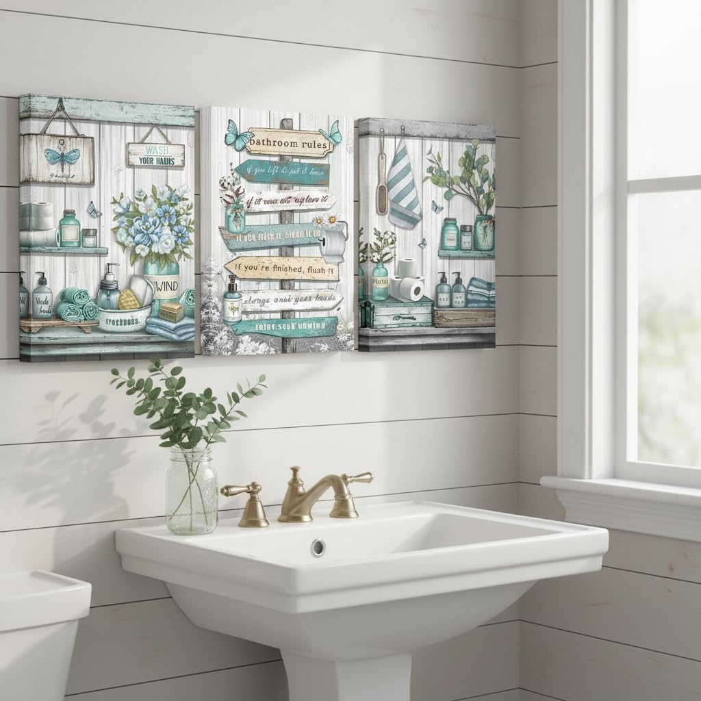 OuElegent Teal Bathroom Wall Art Canvas Farmhouse Wall Decor Rustic Bathroom Rules Paintings Turquoise Pictures for Washroom Wall Decor Framed (12''x16''x3pcs)