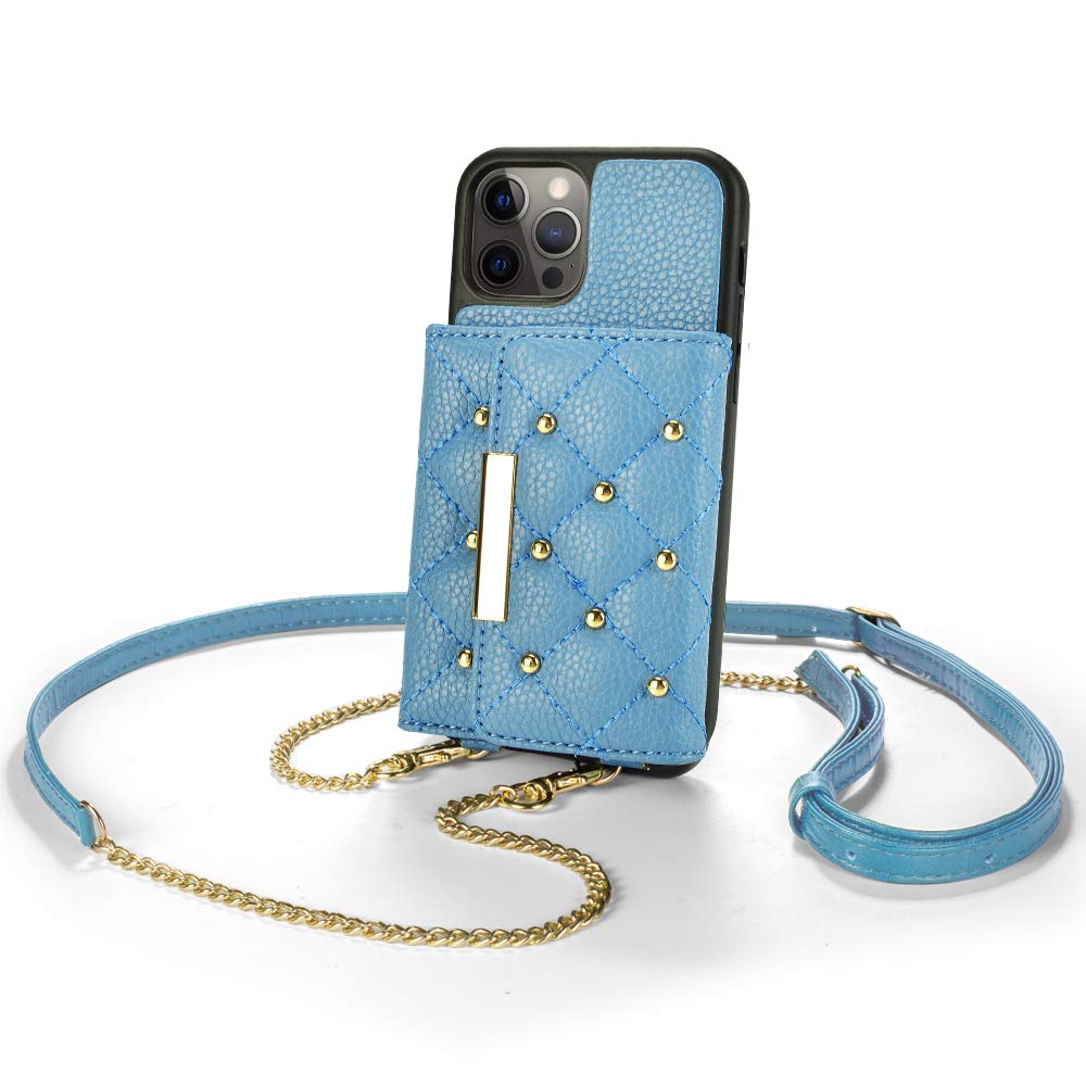 ZVE Wallet Case Compatible with iPhone 12 Pro/iPhone 12, Protective Leather Case with Card Holder Slot, Shockproof Case with Crossbody Chain Wrist Strap for 2020 iPhone 12 Pro/12, 6.1" - Light Blue