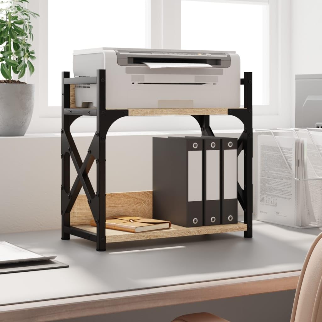 Support imprimante Meuble chêne Sonoma 40x20x40 cm à 2 Niveaux avec Cadre métal et Pieds réglables pour Bureau Poste Organisation Documents et Rangement Multifonction