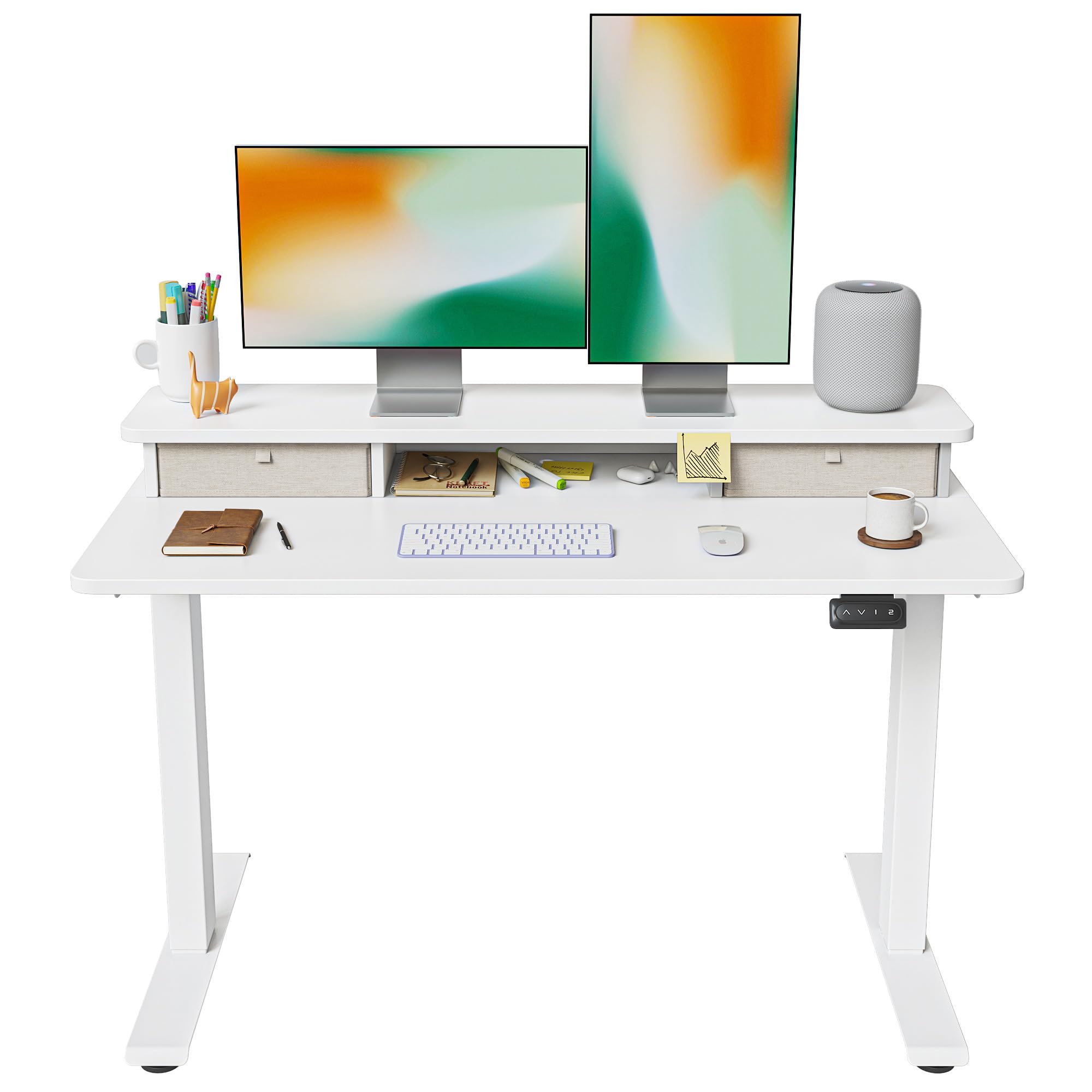 CGCSYZ Height Adjustable Electric Desk with Dual Drawer, 140 x 60 cm, Standing Desk with Storage Shelf, Sit-Stand Table, Black Frame/Top, Ergonomic Home Office Workstation (Bianco 120X60cm Basic Use)