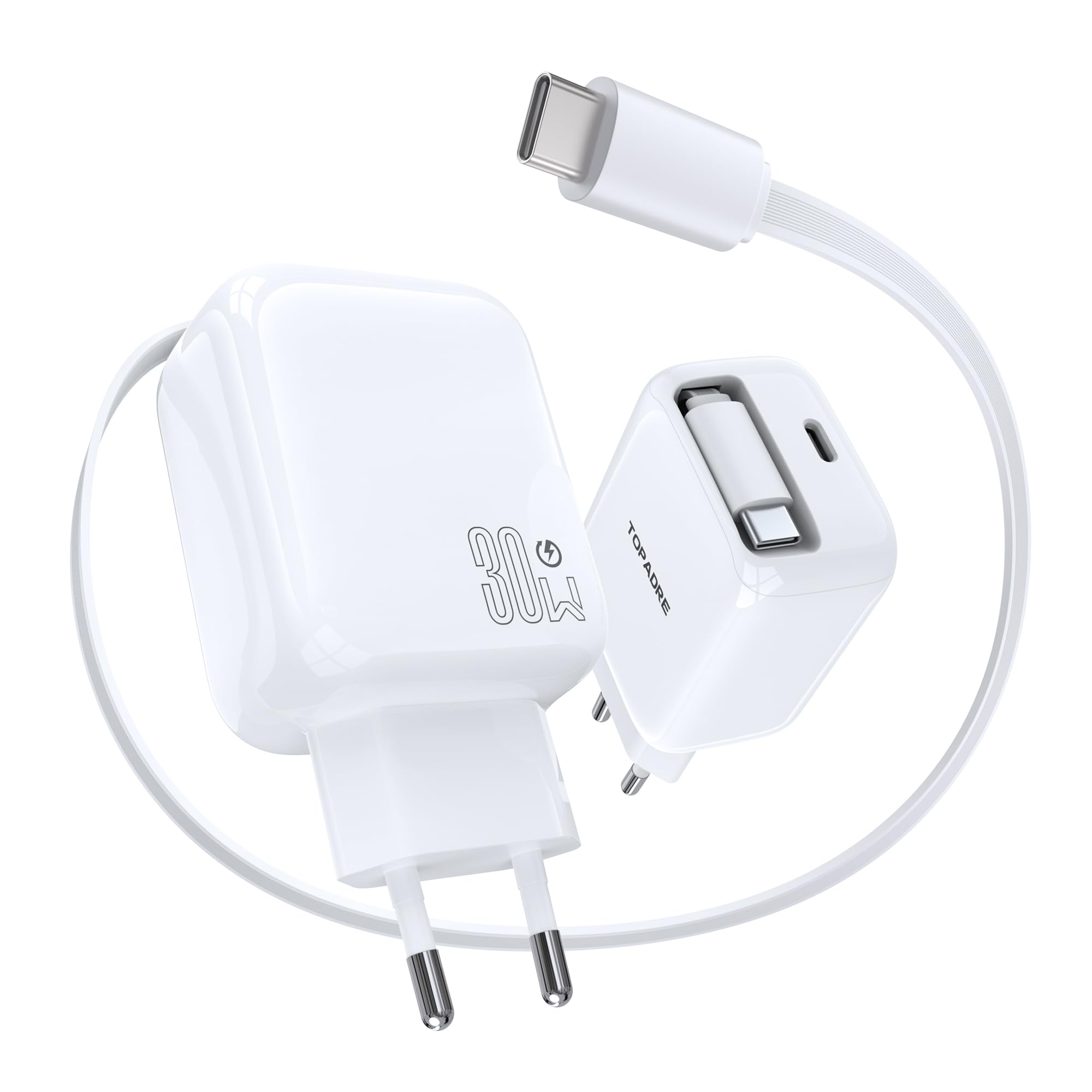 30W USB C Ladegerät, Schnellladegerät mit Einziehbares Ladekabel, GaN Ladestecker USBC PD 3.0 Power Adapter Dual Port USB C Netzteil für iPhone 17/16/15 Pro Max, iPad Pro/Air, Galaxy S25/S24/S23, Weiß
