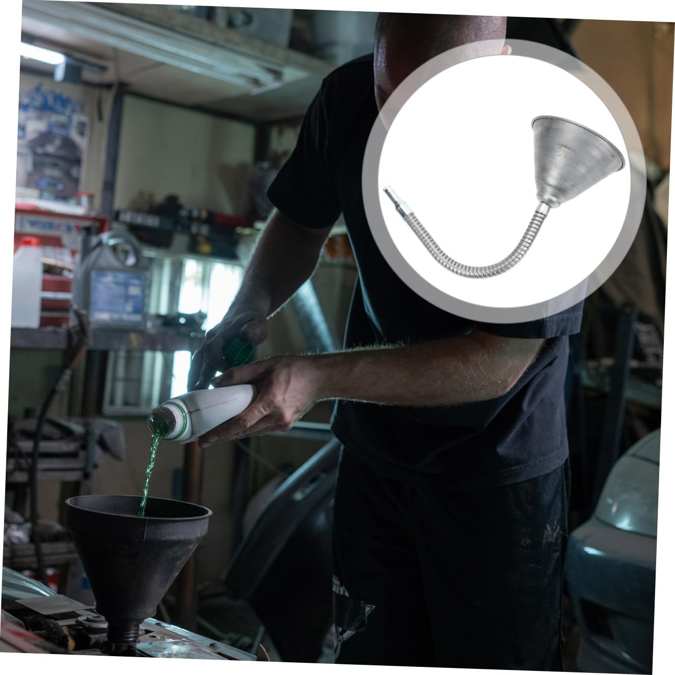 Embudo Flexible de Hierro de Cuello Largo para Cambio de Aceite | Plata, Filtro Integrado y Diseño sin Tapa, para Coches y Recarga de Emergencia en Taller