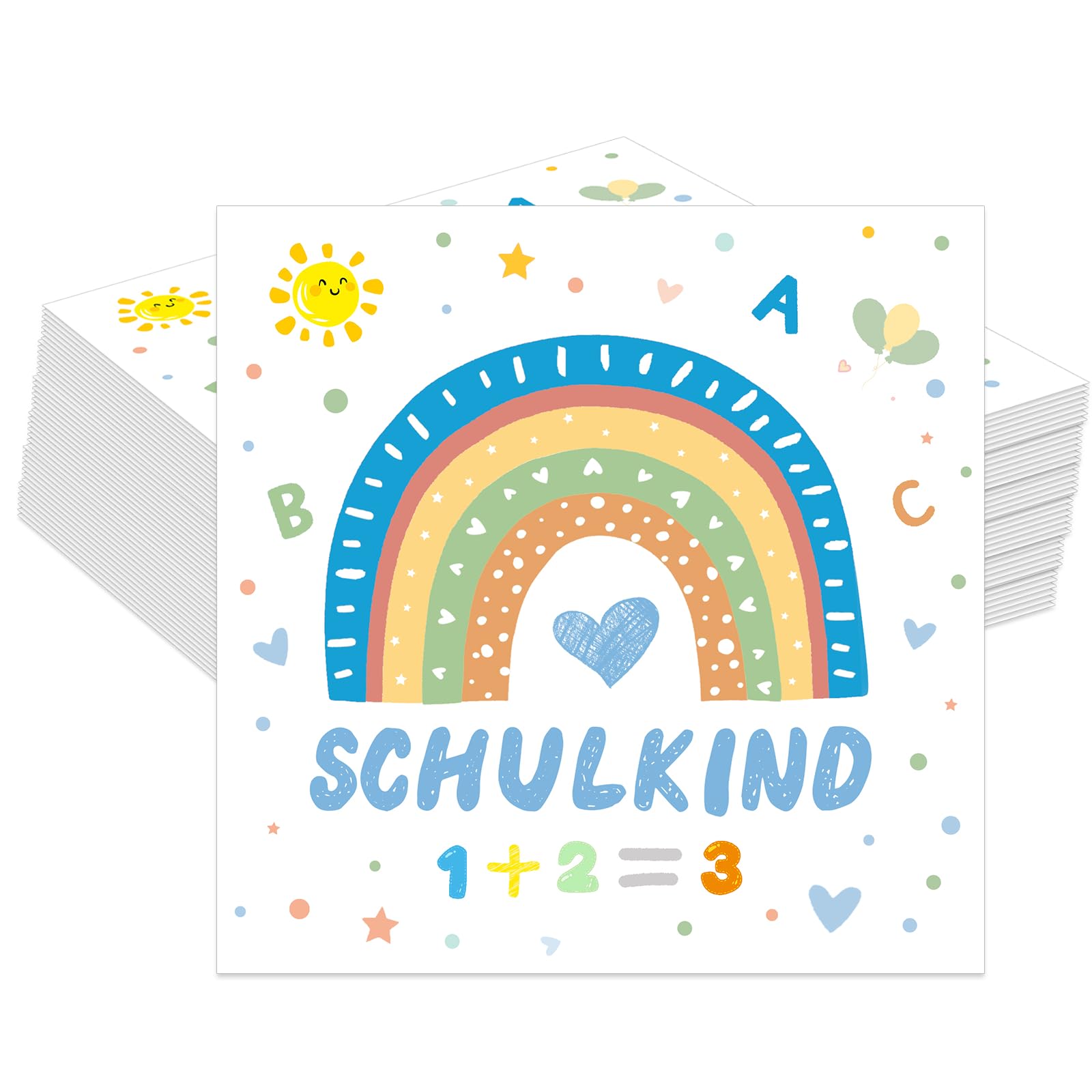 Schuleinführung Schulanfang Einschulung Deko mit Schulkind Bunten ABC Zuckertüte 1 + 2 = 3 Tafel Rucksack Motiv
