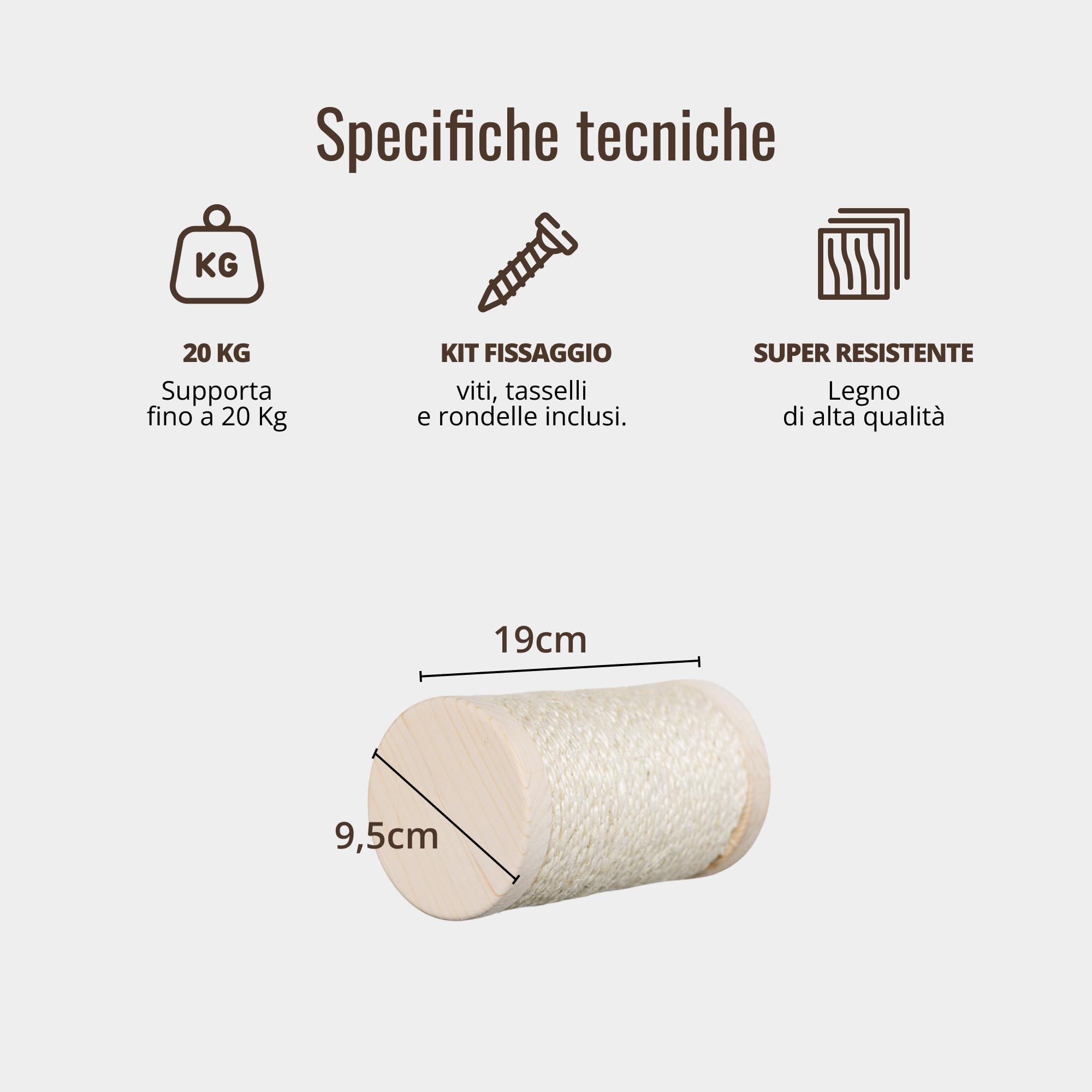 Tronchetto Tiragraffi per Gatti in legno d’Abete Artigianale, in corda di Sisal, ideale come scaletta e elemento di collegamento per Percorso da Muro per Gatti, fino a 20Kg, Percorsopergatti