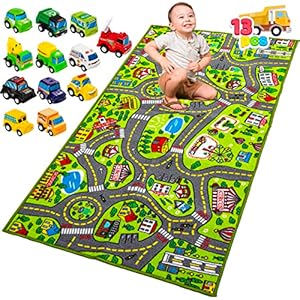 JOYIN Kids Play Rugs – 12 Pull-Back Vehicle Set – Durable Carpet Playmat Rug – City Pretend Play – Toddler Car Track Rug