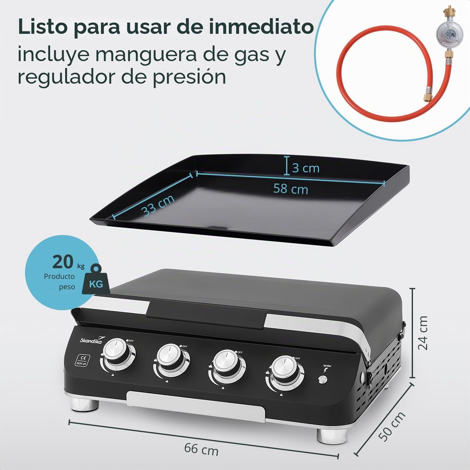 Skandika Plancha Grill Palo de 4 quemadores Plus - Plancha de gas con tapa - barbacoa de gas portátil con placa de cocción - Patas regulables en altura - Bandeja recogegrasa