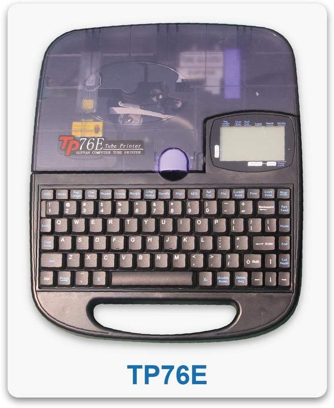 トップダウン view of the Supvan TP76E Label Printer, showing the keyboard layout and label compartment.