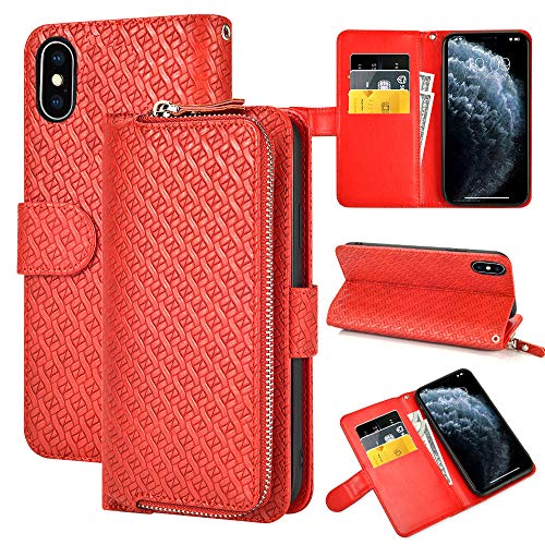LAMEEKU Wallet Case for iPhone X, iPhone Xs Wallet Case, Zipper Purse Leather Flip Folio Case with Card Holder Kickstand Feature Wrist Strap Shockproof Protective Cover for iPhone Xs/X 5.8'' Red