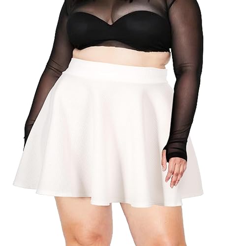 Moon Wood Women's Plus Size Mini Skater Skirt- Basic Versatile High Waisted Flared Casual Stretchy Skirts - White - 3X-Large Plus