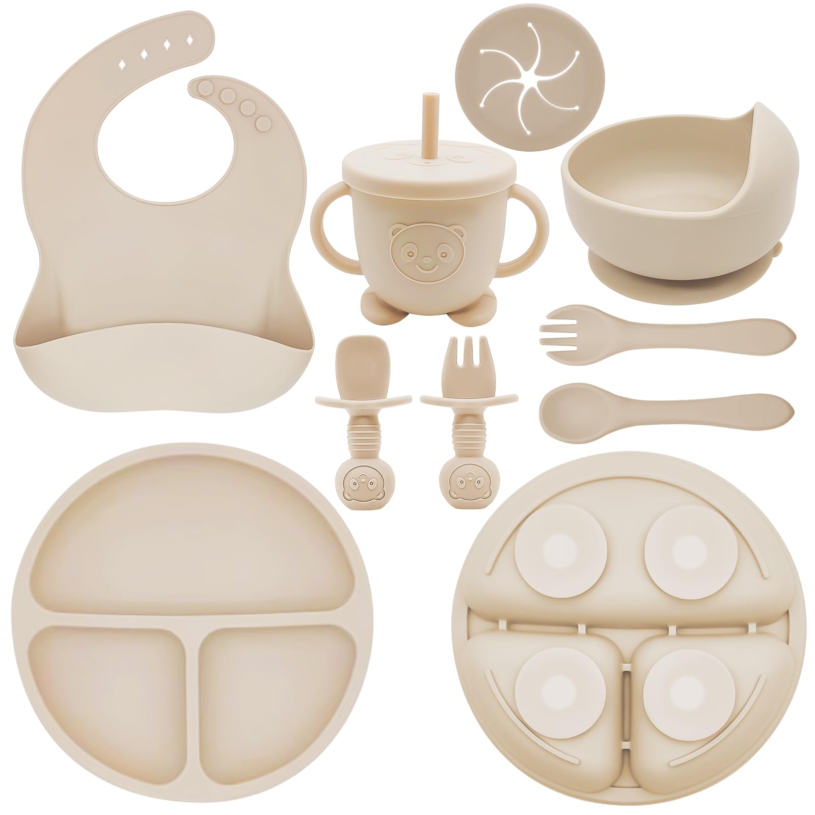 Silicone Baby Feeding Set | Baby Led Weaning Supplies Includes Suction Bowls and Divided Plates, Adjustable Bib, Baby Utensils Spoons and Forks,Cup | Baby Feeding Essentials (Beige)