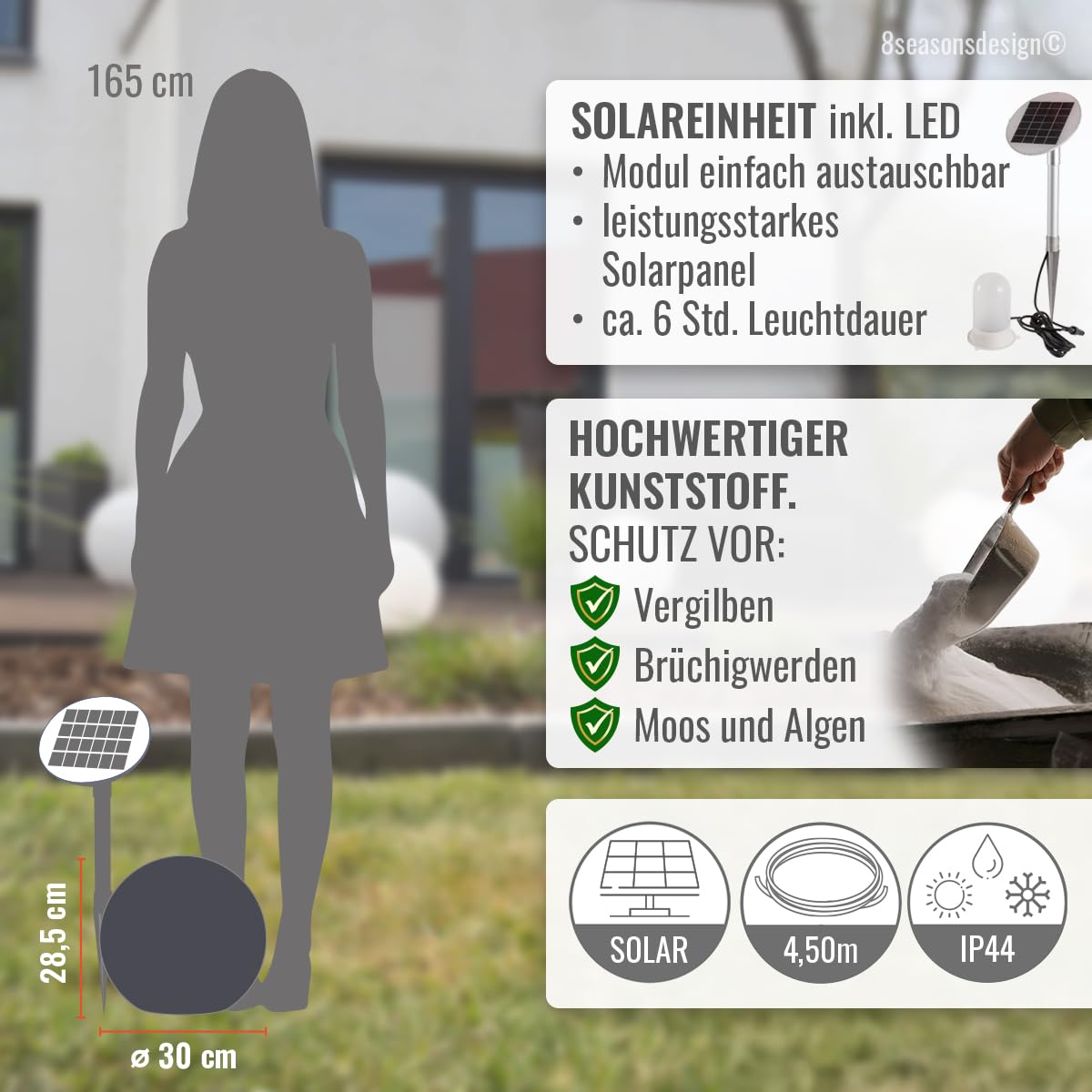 Light Life 8 seasons design Solar Kugelleuchte 30 cm Shining Globe (anthrazit) LED warmweiß, Dämmerungssensor – wetterfest – große Solarlampe für außen (Garten, Terrasse, Balkon) – robust & langlebig