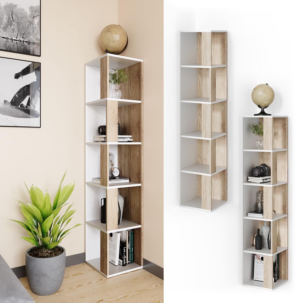 Vicco Estante de Esquina Lio, Sonoma, 33.3 x 162.2 cm, para almacenar Libros y Objetos Decorativos en Esquinas de la habitación