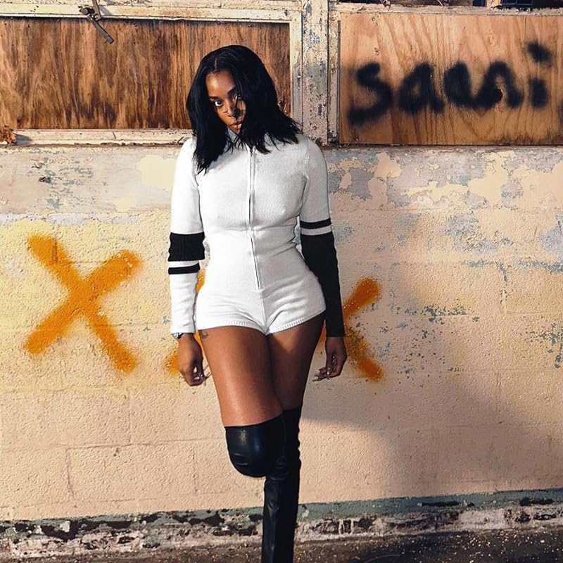 Womens Sexy Romper Bodycon Club Shorts jumpsuit Club Color Block Zipper One Piece Outfit Vacation Y2K Bodysuit - Image 7