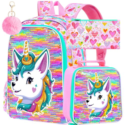 Image of 16 inch Fox Backpack for Girls, 3Pcs Sequin Bookbag Set for Kids, Elementary Preschool Preschool School Backpacks with Lunch Box (Pink)