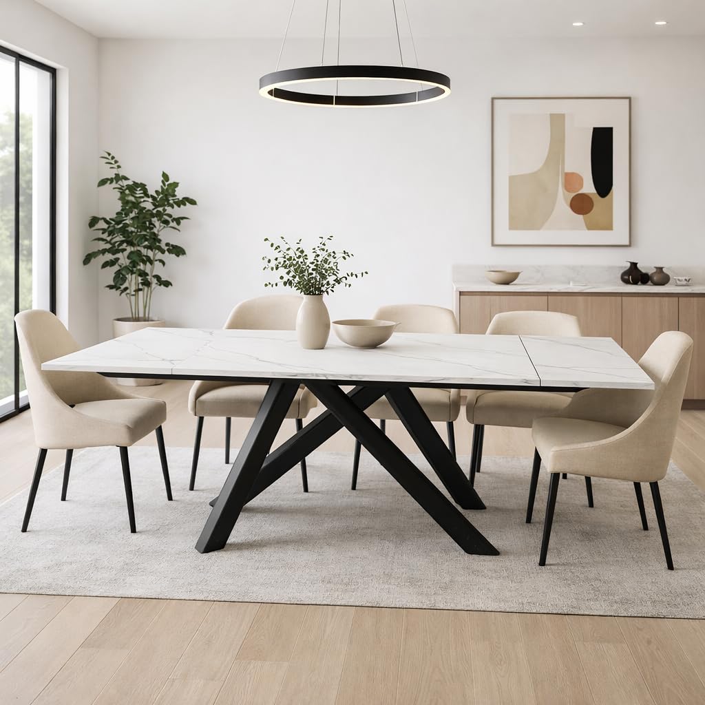 Tavolo Allungabile SAHARA NOIR 160-240 cm – Piano Ceramica Gres Porcellanato Effetto Marmo Antigraffio – Gambe Incrociate Ferro Verniciato – 2 Prolunghe Integrate 40 cm – 6-10 Posti (Alpine white)