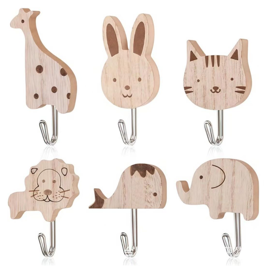 Appendiabiti Bambini da Parete Ganci Autoadesivi in Legno Animali Carini 6 Pezzi