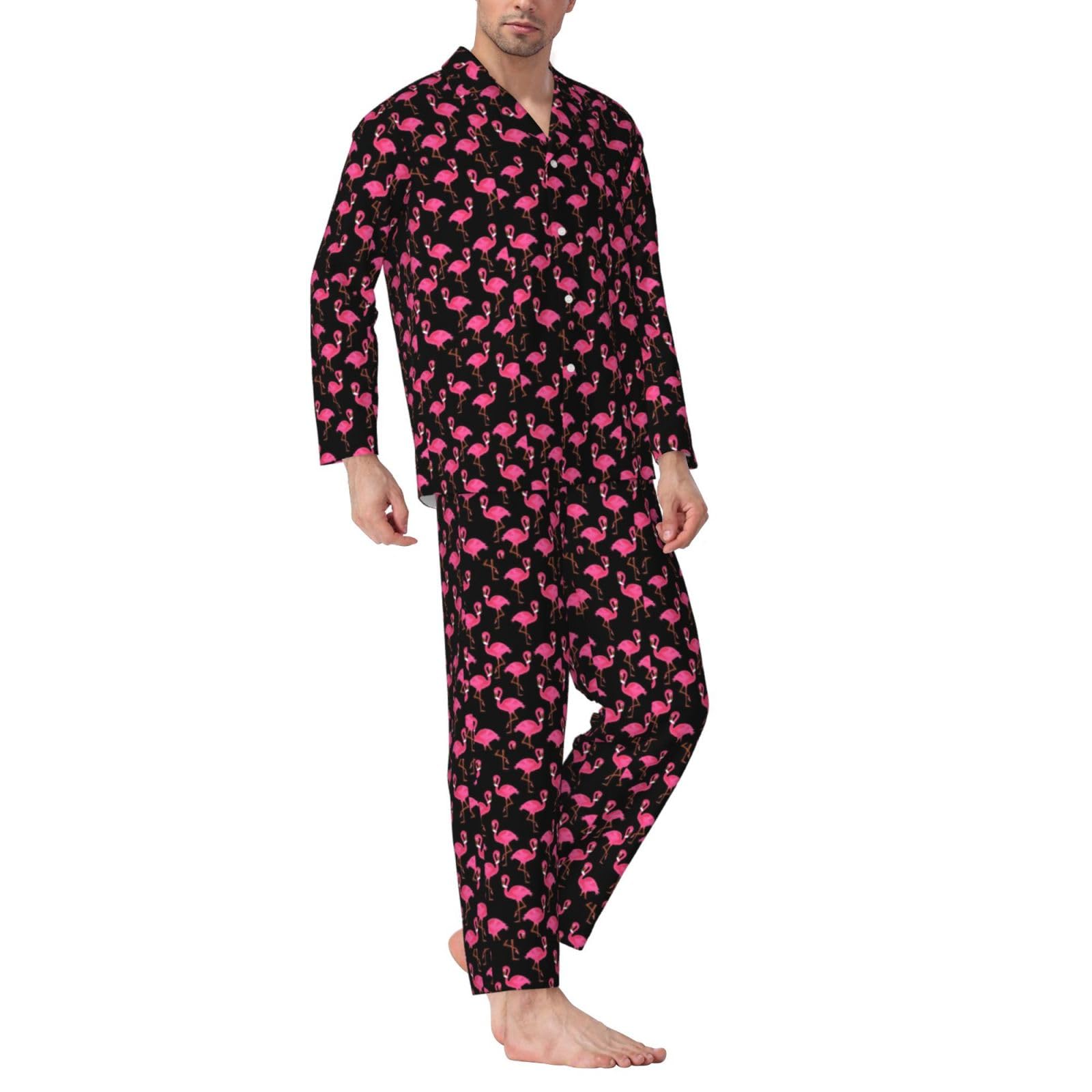 Bonito conjunto de pijama de manga larga para hombre con estampado de flamencos rosados, ropa de dormir de dos piezas, transpirable, cómoda