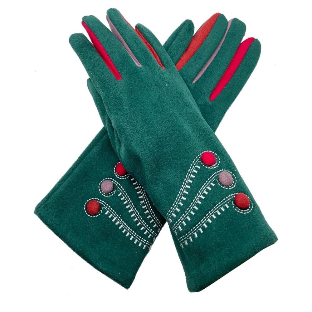 A2zukfashion Women's Green Winter Gloves Cosy Fleece Lined Suede Buttons Touch Screen Warm Pattern