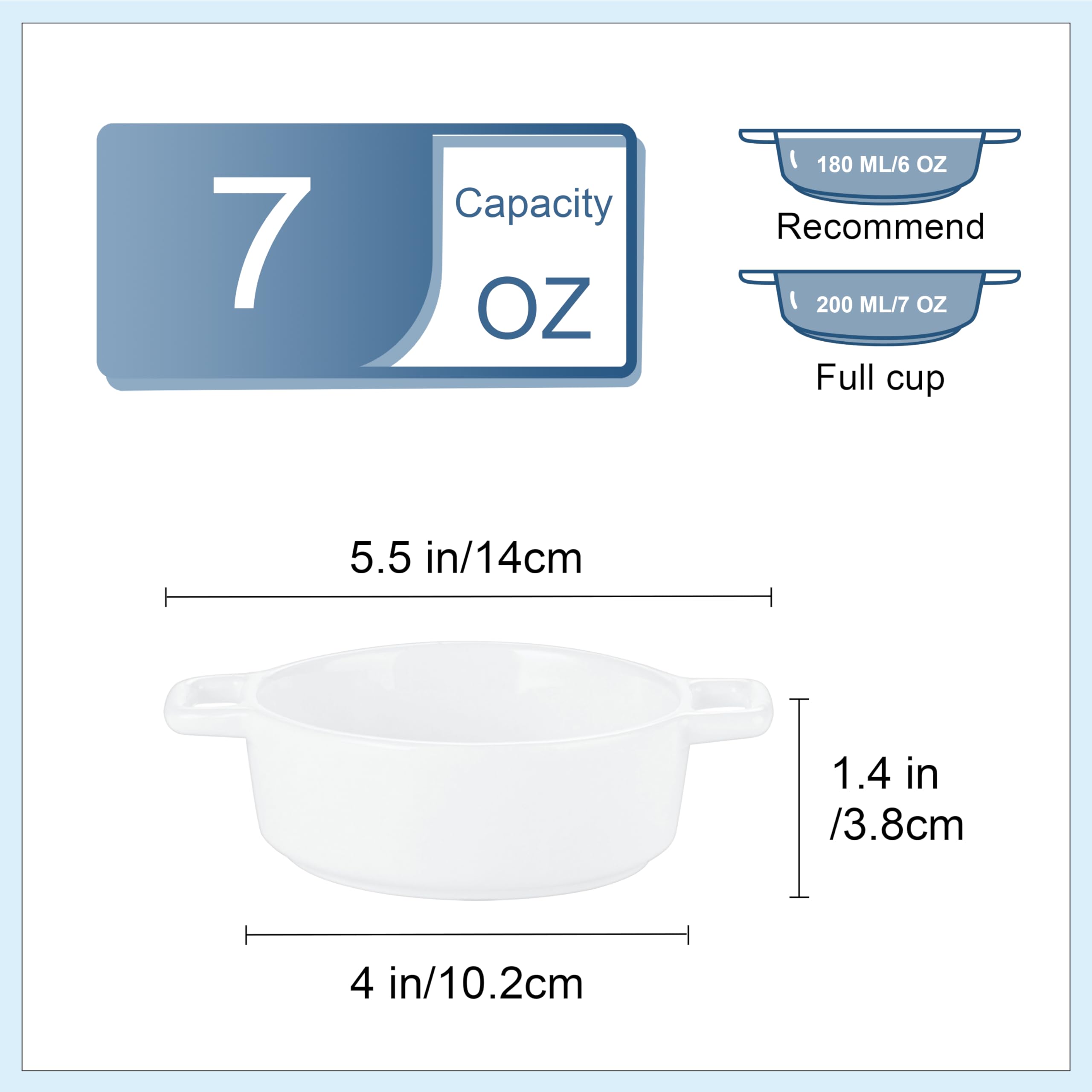 LOVECASA, 200ml Ramequin Dish Moule à Soufflé, Sets de Pâtisserie en Porcelaine 6 Pièces pour Brûlée, Quiché, Tarte, Pasta-14,5cm, Rond