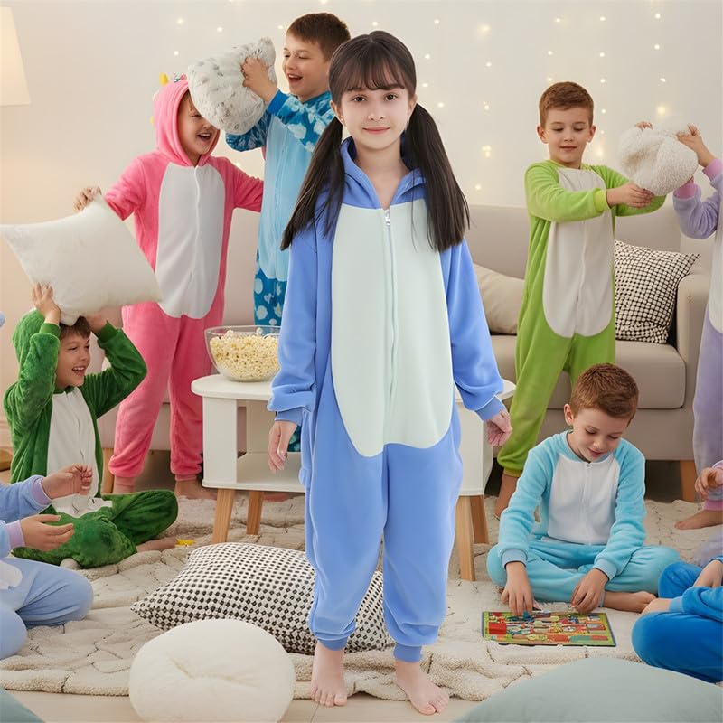 Pyjama Une pièce Bleu à Motif Dessin, Pyjama Doux en Polaire avec Capuche, grenouillère Amusante et Confortable