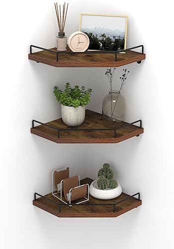 HORLIMER Estante de esquina flotante para pared, paquete de 3 estantes de pared de esquina de madera rústica con valla para dormitorio, baño,