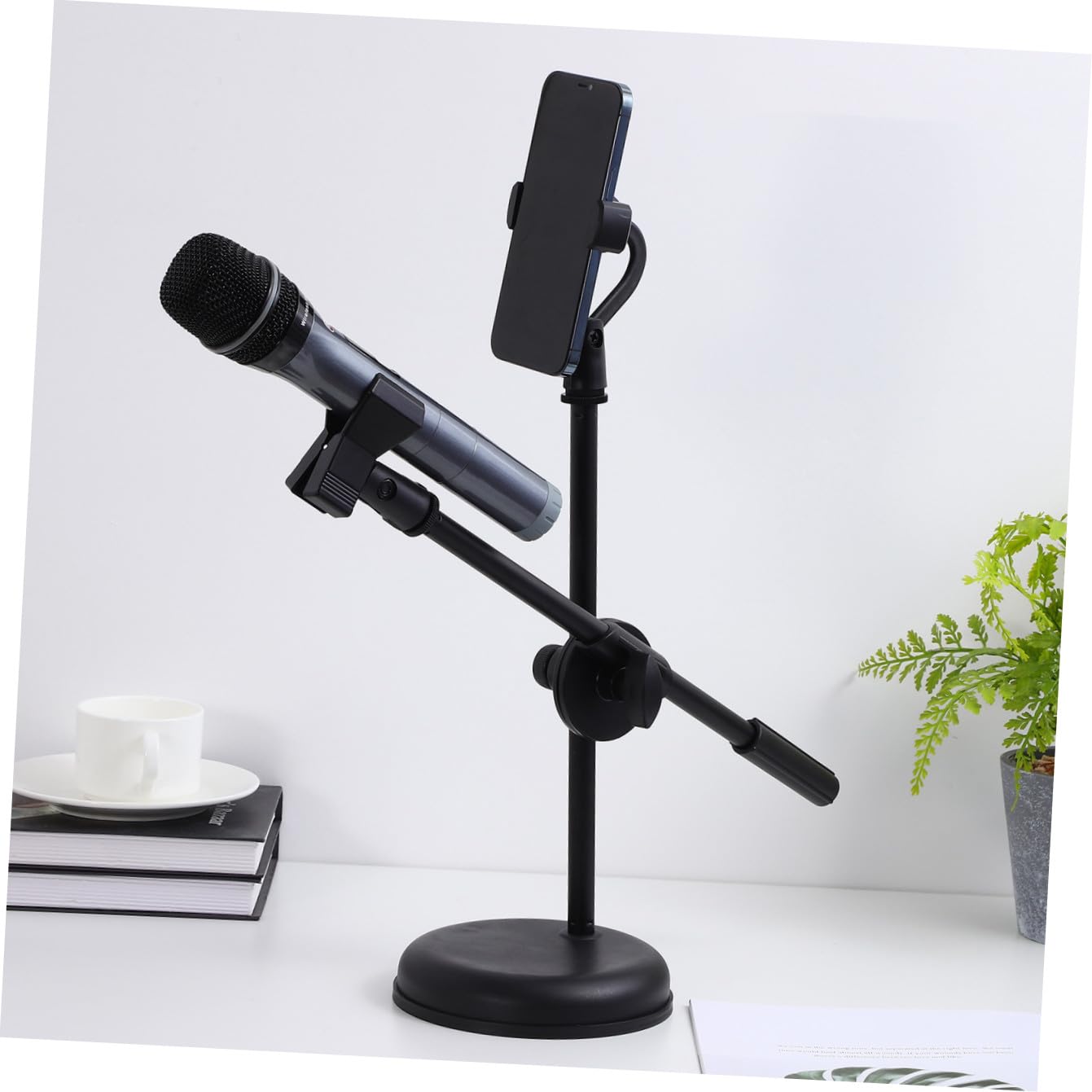 Supporto per Microfono da Tavolo Telescopico e Regolabile Clip e Supporto per Telefono, Base Stabile per Podcasting, Registrazione e Uso Casalingo