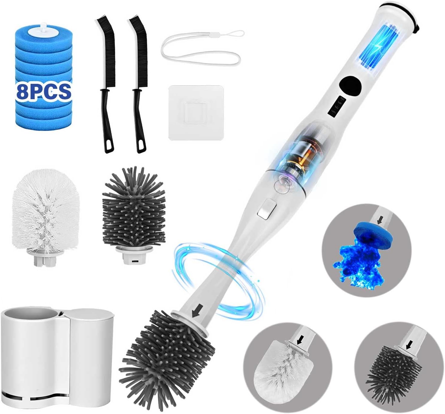 Kit de limpieza eléctrico 8 en 1 con 8 repuestos, soporte de barril doble, nailon duro y cepillos de silicona suave, 2 velocidades (200300 RPM),
